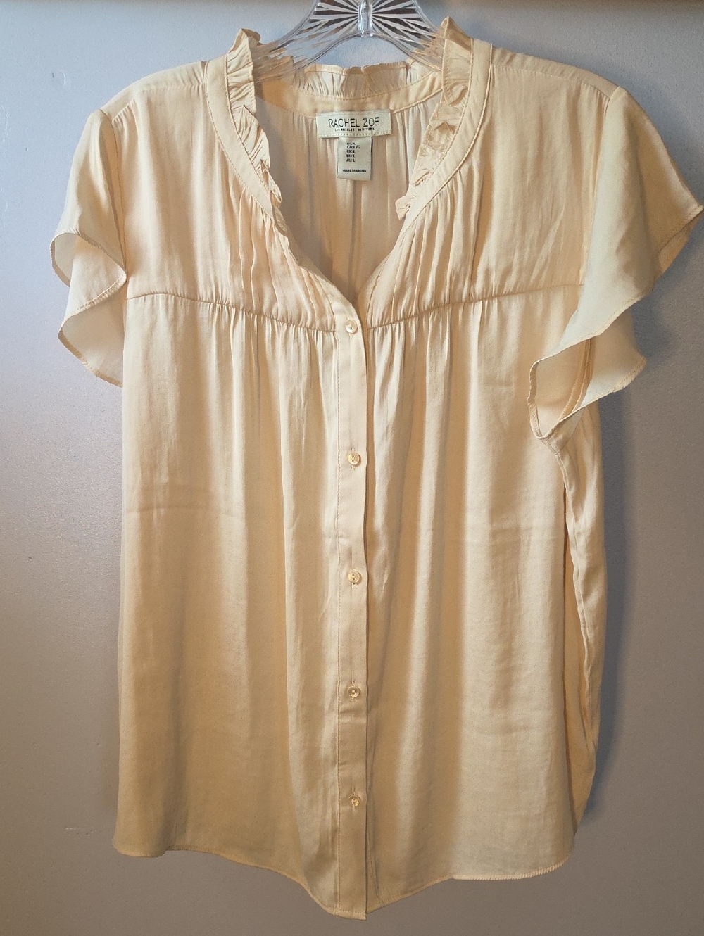 Rachel Zoe Pale Cream Button-Down Silk Flutter Sleeve Blouse